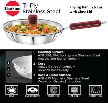 Hawkins TriPly Fry Pan 26 cm Diameter with Lid 1.8 L Capacity (SSF26G)