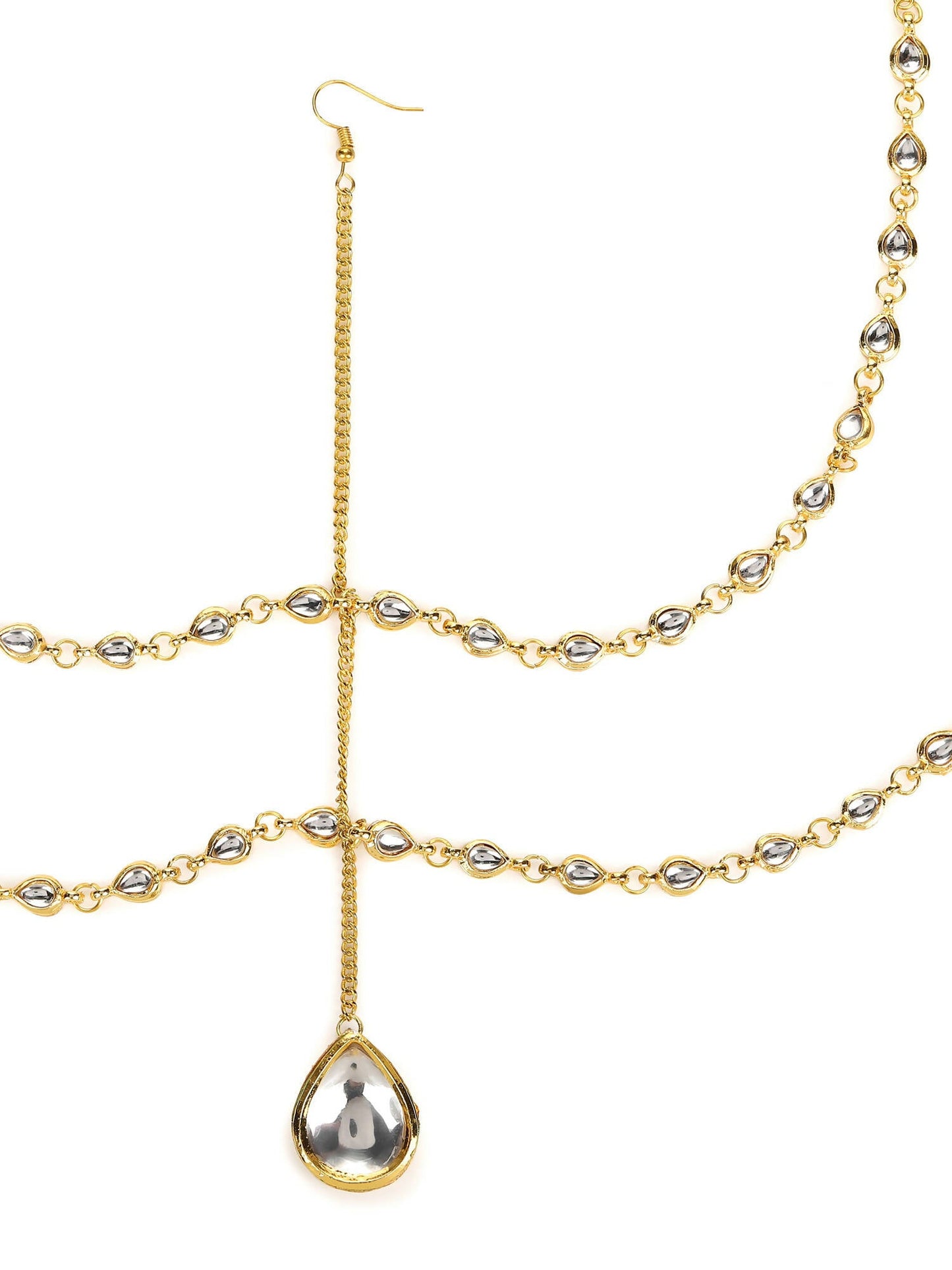 Gold-Polished White Faux Kundan-Studded Faux Pearl Beaded Handcrafted Matha Patti - Ruby Raang