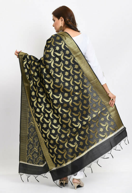 Mominos Fashion Moeza Women's Banarsi Silk Floral Woven Design Black Dupatta