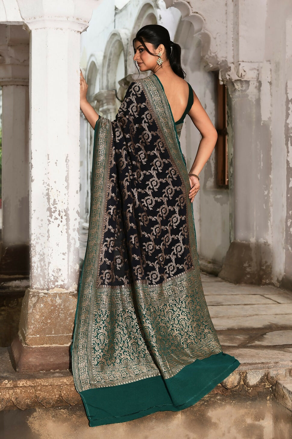 Joban Fashion Navy Blue Crepe Chiffon Pure Handloom Banarasi Silk Saree