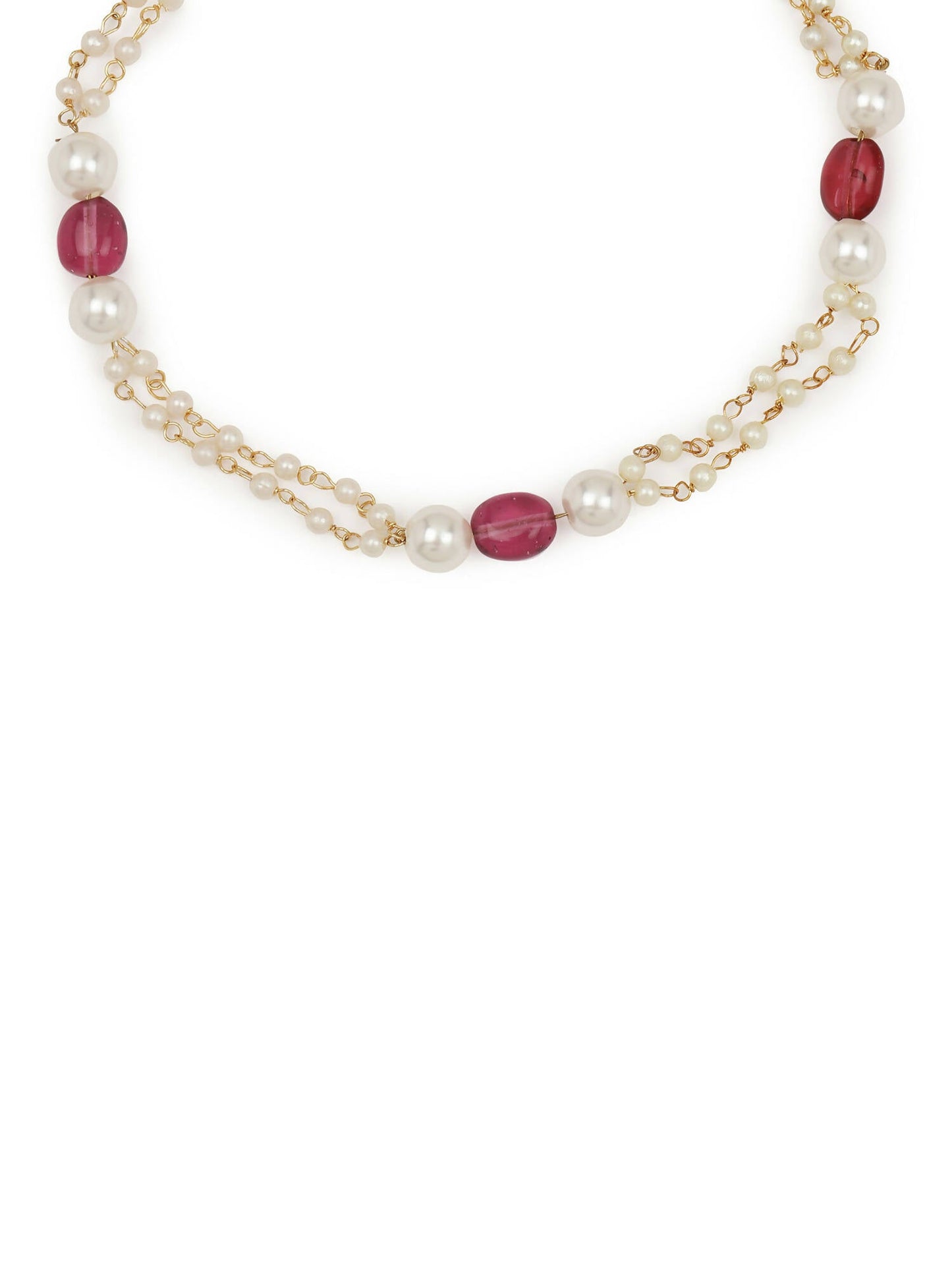 Gold-Polished Pink White Pearl Beaded Anklets Set Of 2 - Ruby Raang