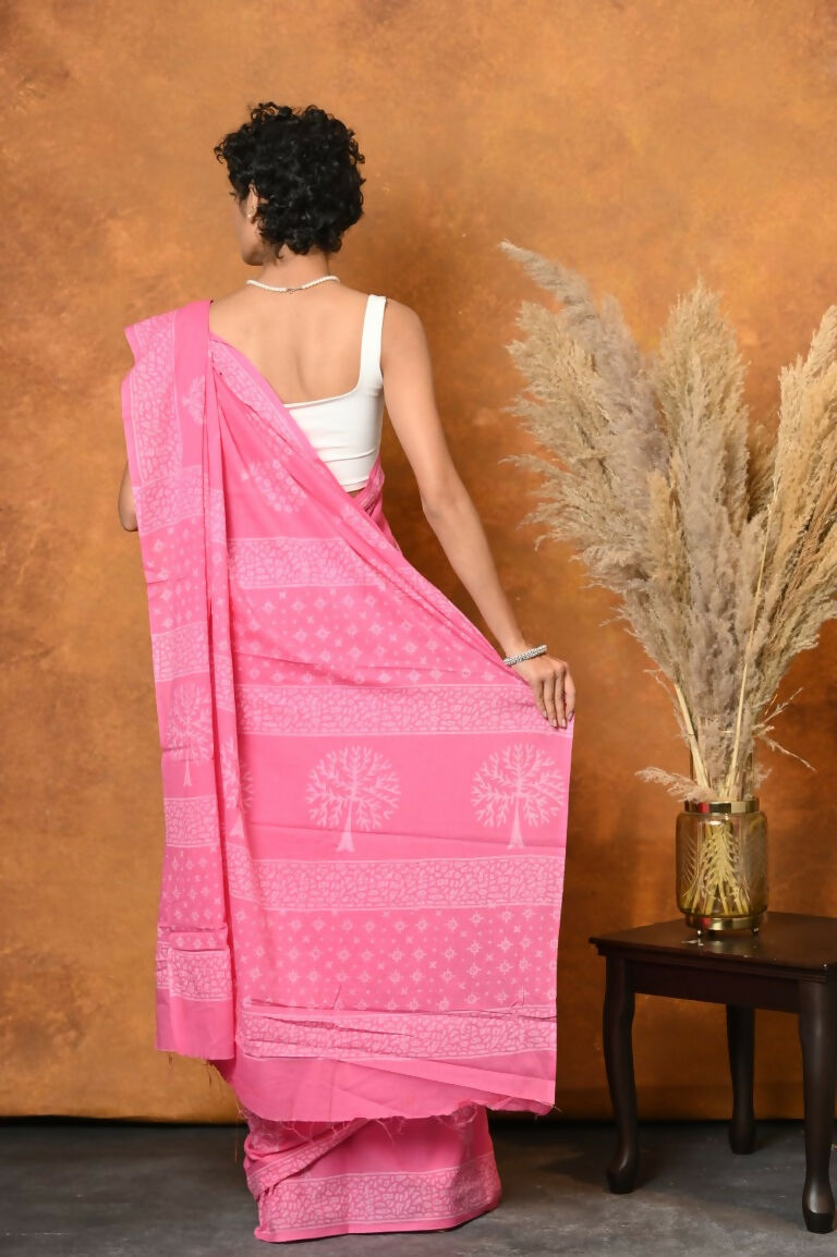 Very Much Indian Handblock Printed Cotton Saree With Natural Dyes - Pink
