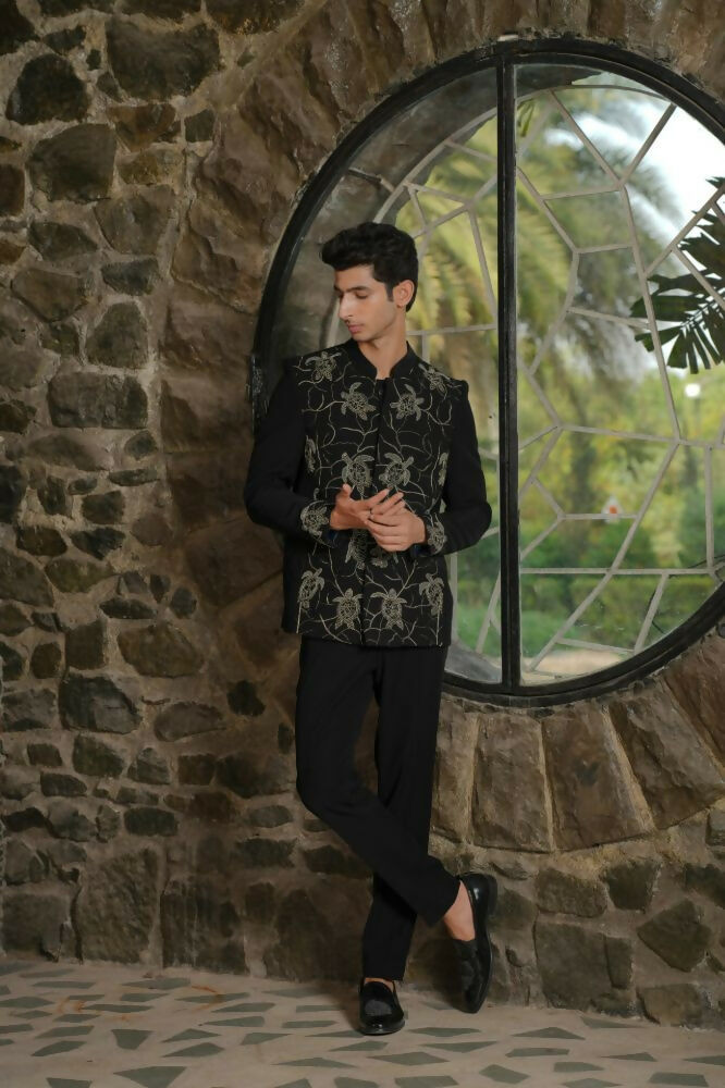 Classic Black Bandhgala Ensemble – Tortoise Embroidery by Hilo Design