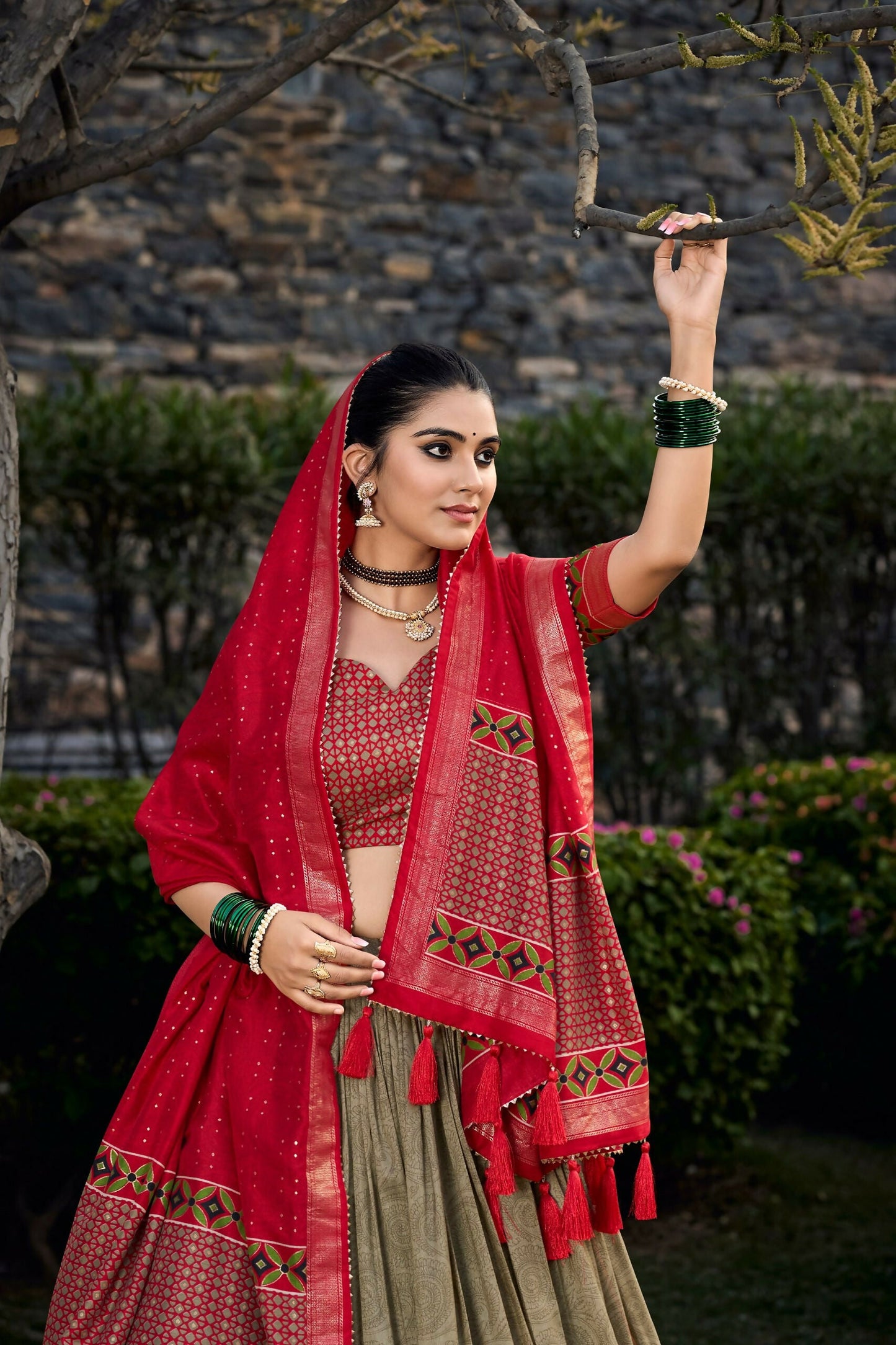 Vastranavya Floral Print With Foil Print Tussar Silk Lehenga With Unstitched Blouse - Mehendi