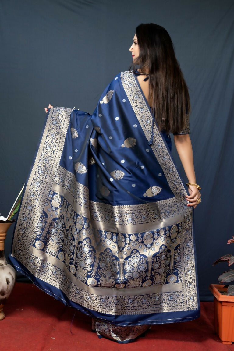 Jyoti Fashion Women's Navy Blue Paithani Silk Zari Woven Saree with Blouse