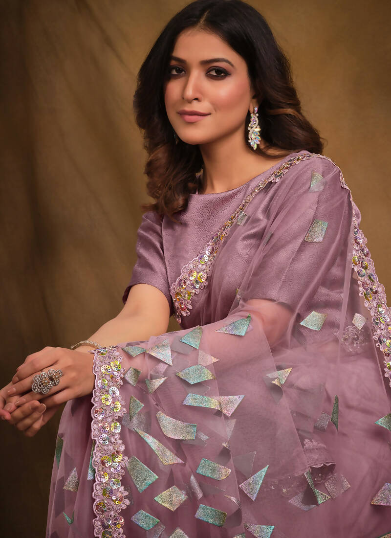 Light Purple Velvet Texture Net Designer Saree with Unstitched Blouse - Norita Mahitha