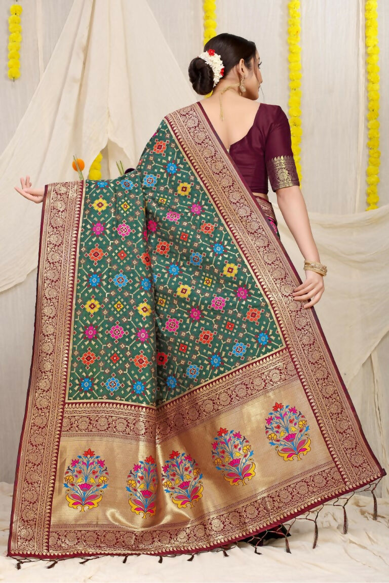 Jyoti Fashion Women's Bottle Green Patola Silk Zari Woven Saree with Blouse