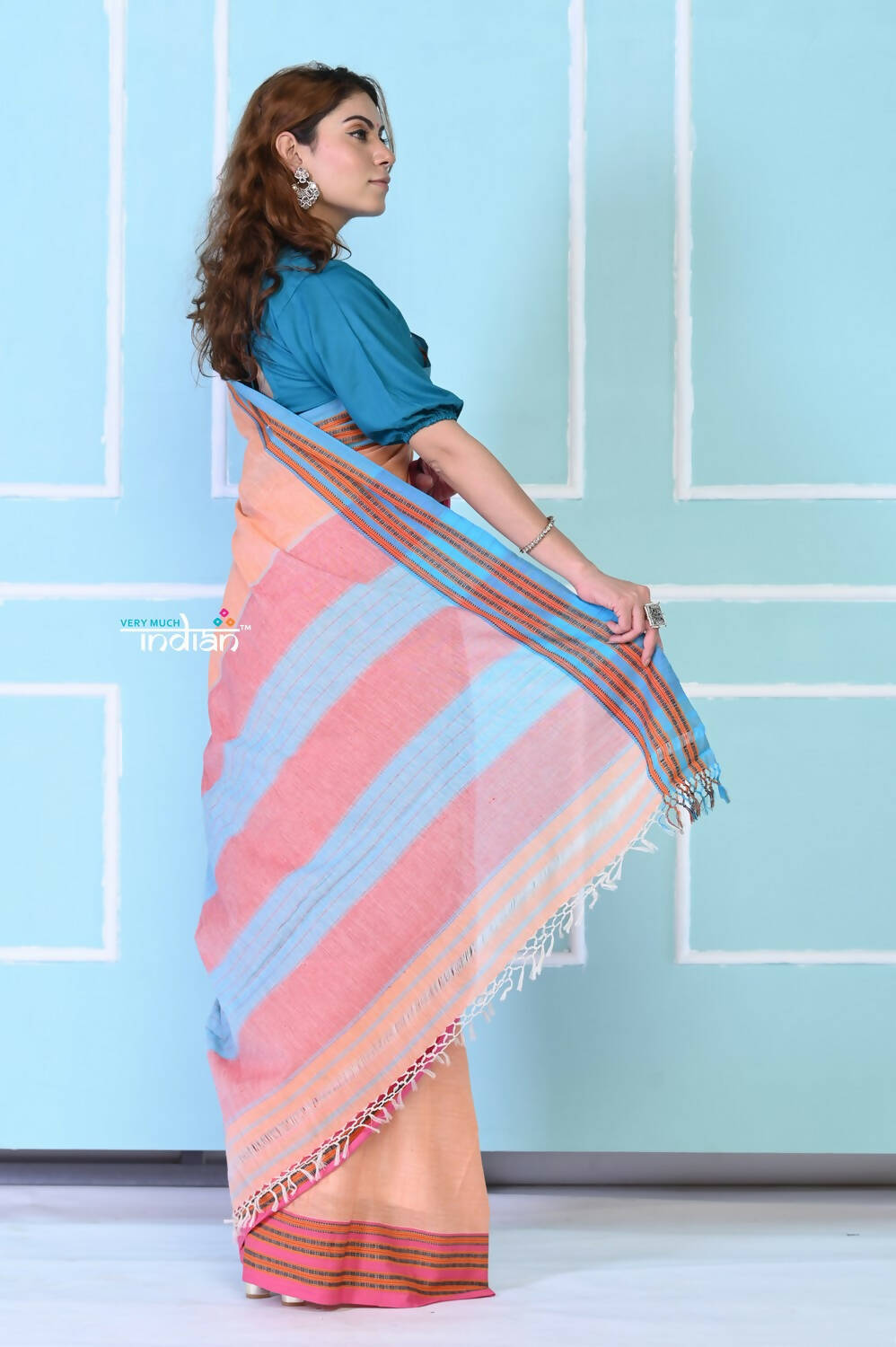 Very Much Indian Traditional Patteda Anchu Ilkal Handloom Saree - Peach Tone
