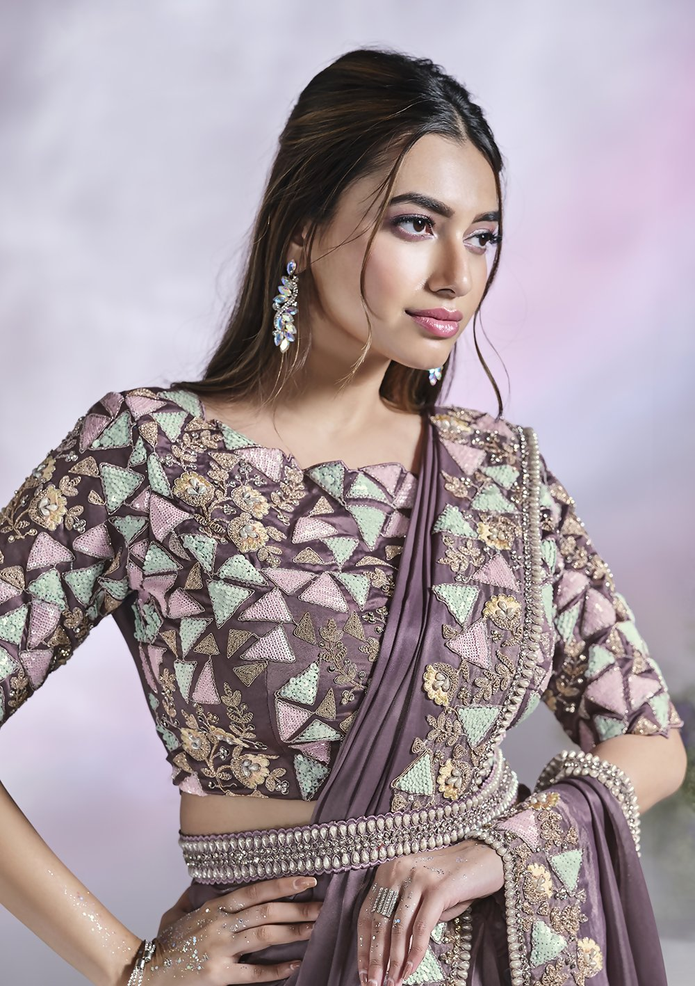 Lavendar Crepe Satin Silk Designer Ready to wear saree with stithced Blouse - Mohmanthan Aura