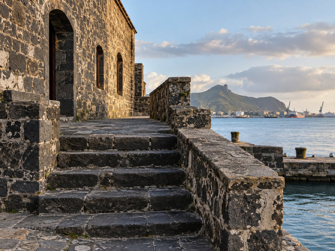 Worn stone steps and walls of an old immigration depot by the harbour in Port Louis
