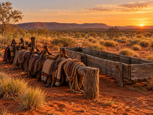 Camel saddles and rope beside an old water trough in the red Australian outback