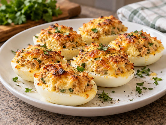 Baked stuffed eggs with a chicken and cheese filling