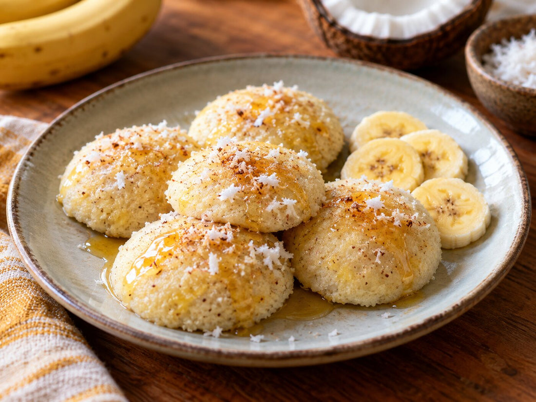 Steamed banana, coconut and semolina cakes on a plate