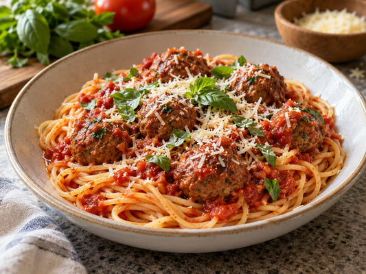 Beef meatballs in tomato sauce over spaghetti