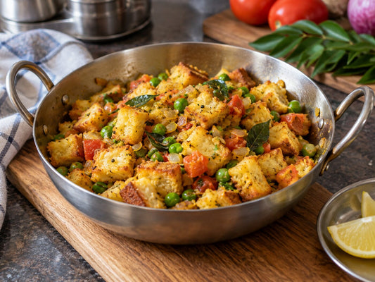 Bread cubes tossed with peas, tomato and curry leaves in a steel kadai