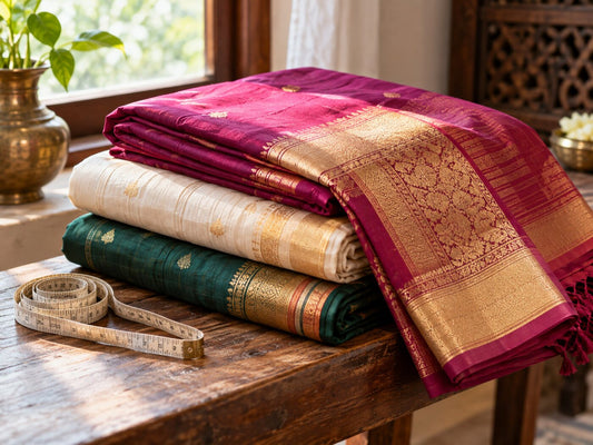 Folded sarees on a wooden bench with a woven border showing and a measuring tape beside them