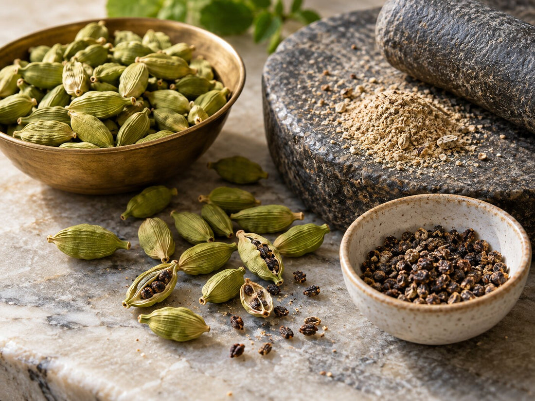 Green cardamom pods, split pods, loose seeds and ground cardamom beside a stone mortar