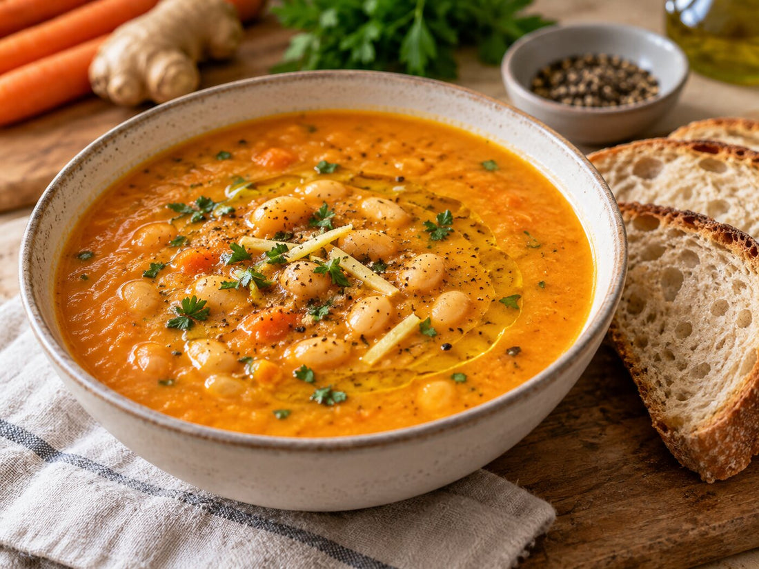 A bowl of carrot, ginger and white bean soup with bread