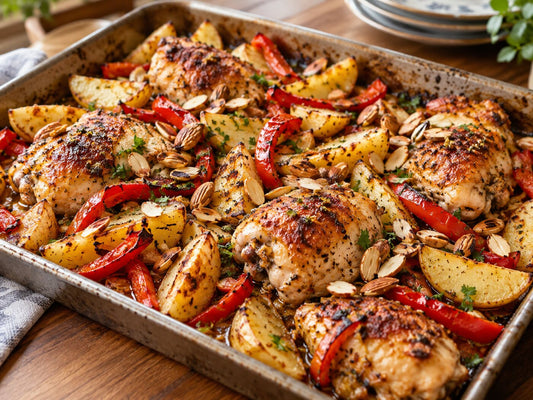 A traybake of chicken, potatoes and red peppers with almonds