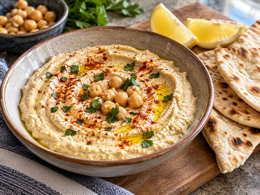 A chickpea, yoghurt and tahini dip with lemon and flatbread