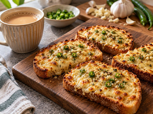 Golden chilli cheese toasts on a board with a cup of chai