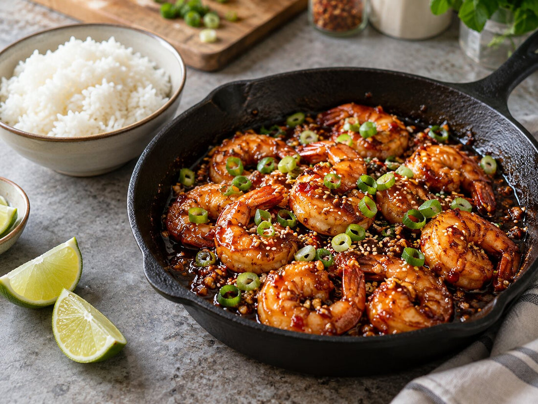 Chilli garlic prawns in a sticky red sauce with spring onion and sesame in a black iron skillet, rice and lime wedges beside it