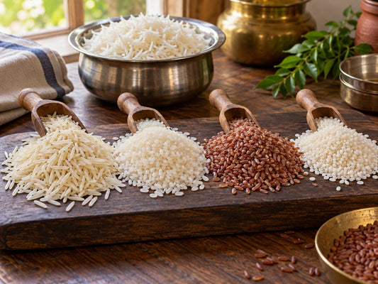 Four kinds of raw rice in small heaps on a wooden board beside a bowl of cooked basmati