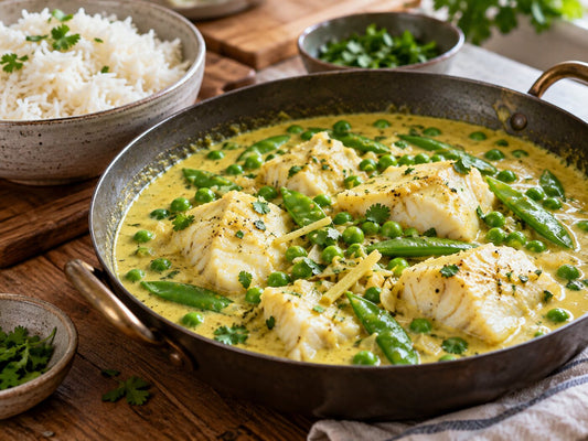 Cod in a coconut and ginger curry with peas and sugar snaps