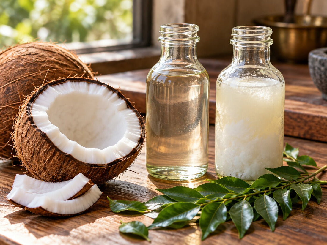 A halved coconut beside two plain bottles of coconut oil, one clear and one partly solid