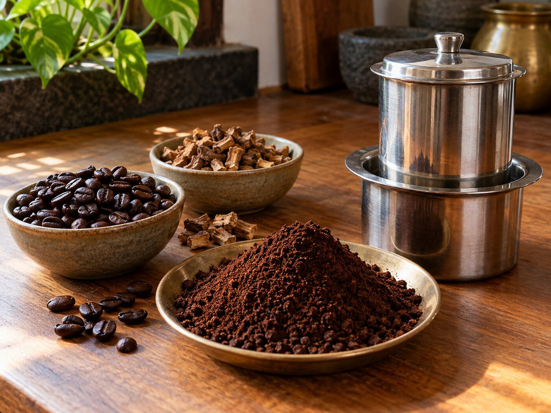 Coffee beans, roasted chicory root and ground filter coffee beside a steel coffee filter