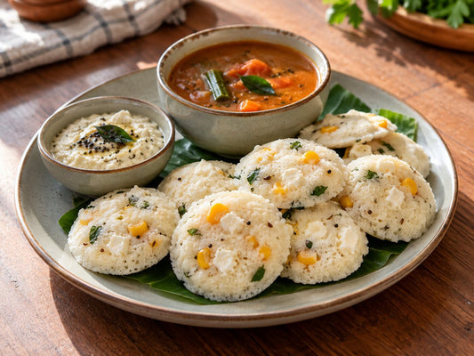 Mini idlis with corn and paneer, coconut chutney and sambar
