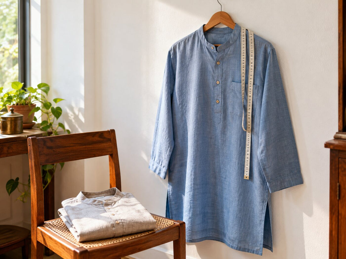 A blue cotton kurta on a hanger with a measuring tape, another folded on a chair