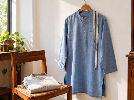 A blue cotton kurta on a hanger with a measuring tape, another folded on a chair