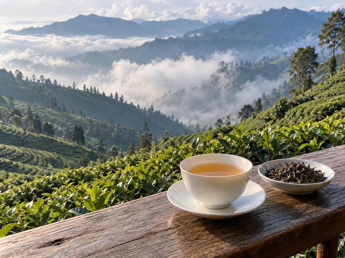 A cup of light amber Darjeeling tea and loose leaves on a rail above misty tea gardens