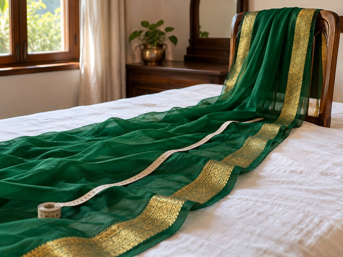 An emerald dupatta with a gold border over a chair, a measuring tape along its length