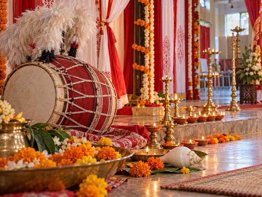 A community hall decorated for Durga Puja with a dhak drum, clay lamps, marigolds and a conch shell