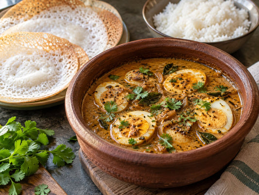 Boiled eggs in a coconut and tamarind stew in a clay pot