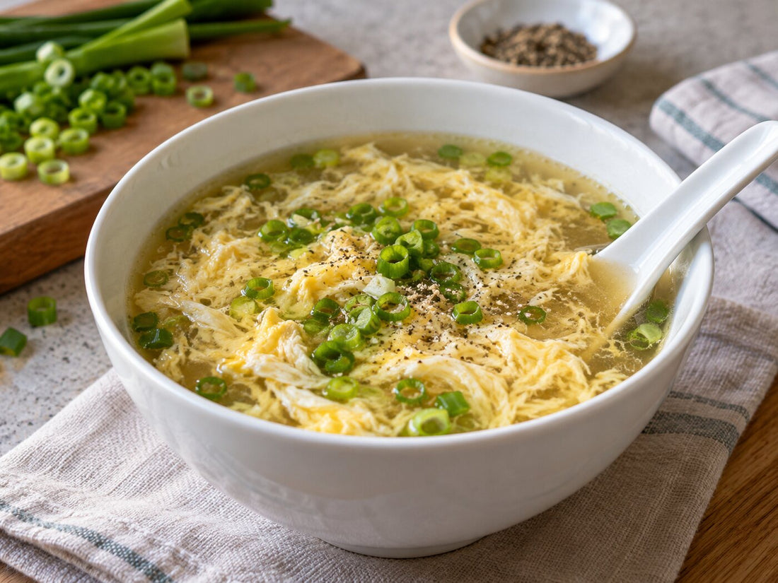 A bowl of egg flower soup with silky egg ribbons and spring onion