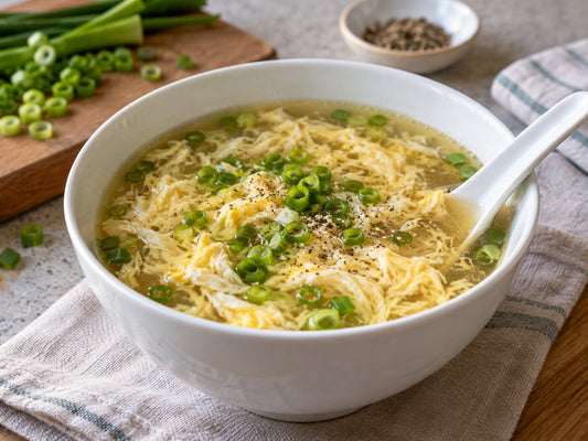 A bowl of egg flower soup with silky egg ribbons and spring onion