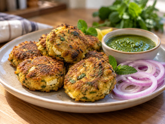 Egg and mint kababs with mint chutney and onion rings