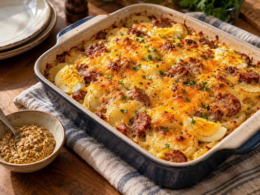 A baked casserole of potato, egg and sausage topped with melted cheddar