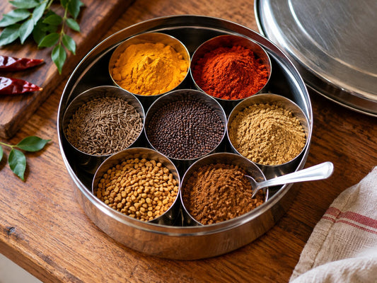An open round steel spice box with seven cups of everyday Indian spices