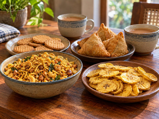 Bowls of namkeen, banana chips, biscuits and samosas with two cups of chai