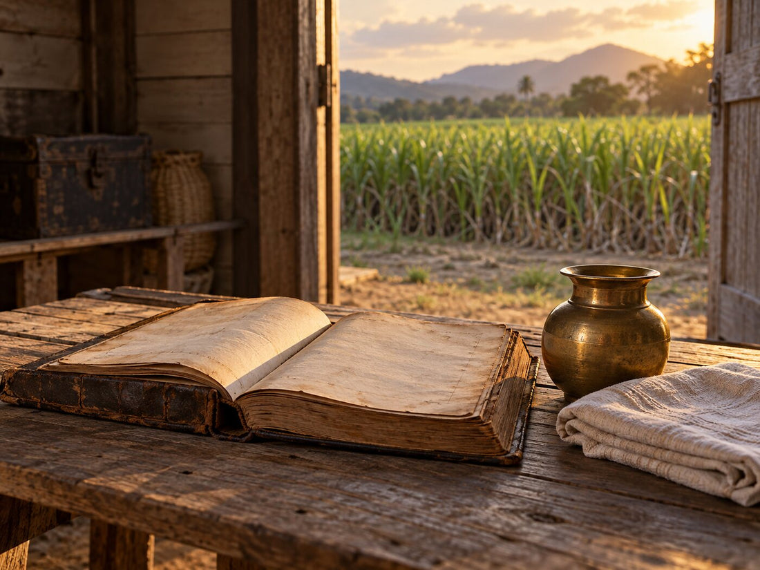 Old shipping register open on a wooden table beside a brass lota, a sugarcane field through the doorway