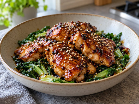 Five spice chicken with a honey and soy glaze on wilted greens