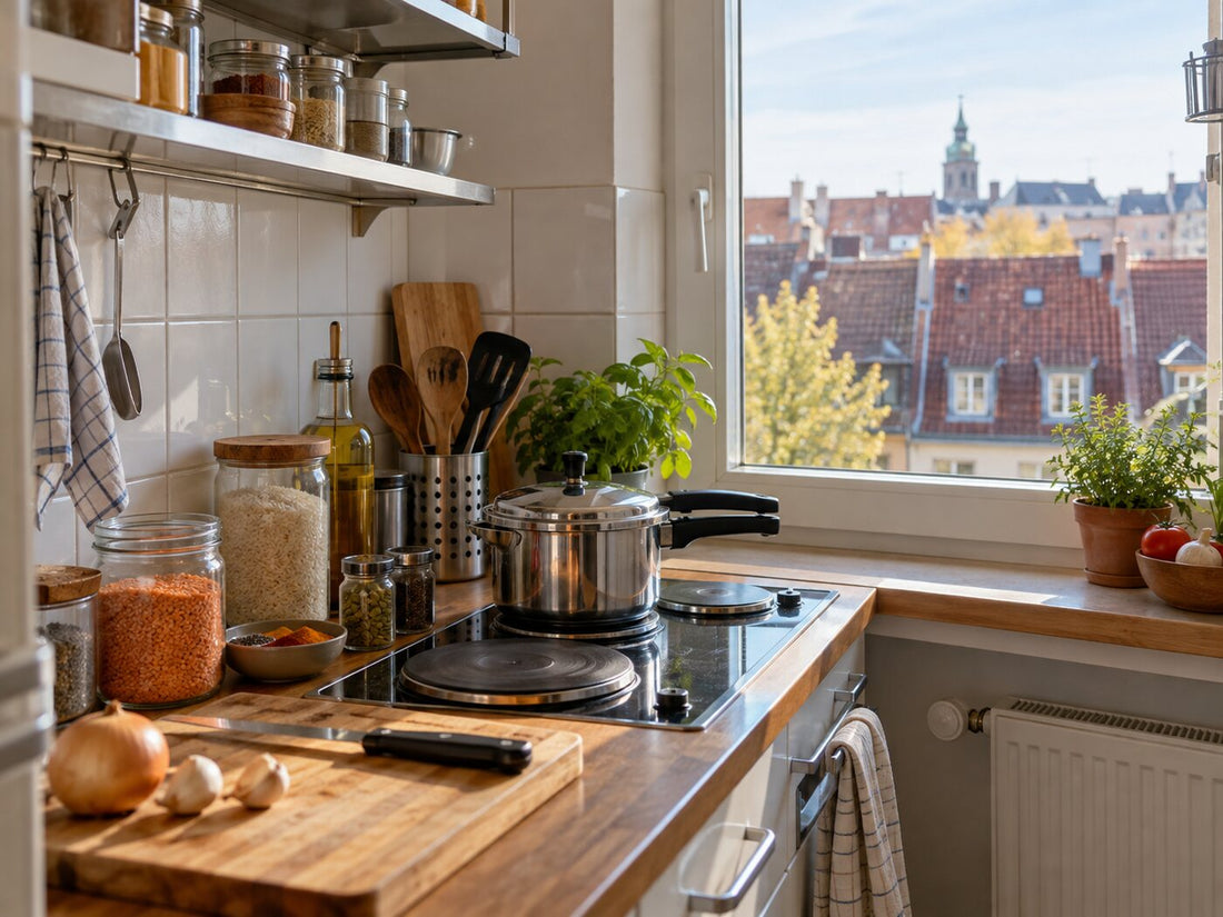 A small student kitchen with a two-ring hob, pressure cooker, rice, dal and spices