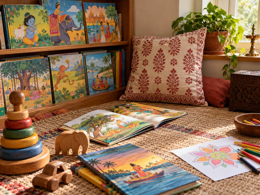 A child's reading corner with illustrated picture books, a block-print cushion and wooden toys