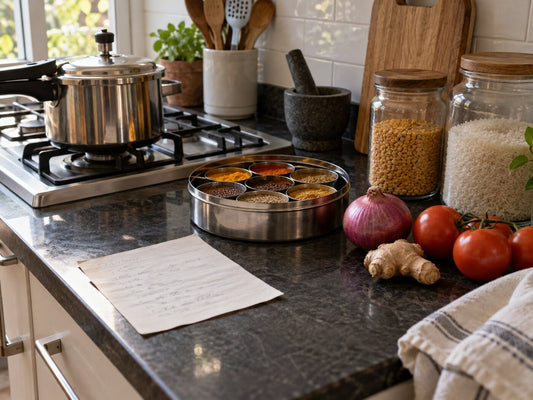 A small kitchen counter with a pressure cooker, an open spice tin, jars of dal and rice and fresh onion, tomato and ginger
