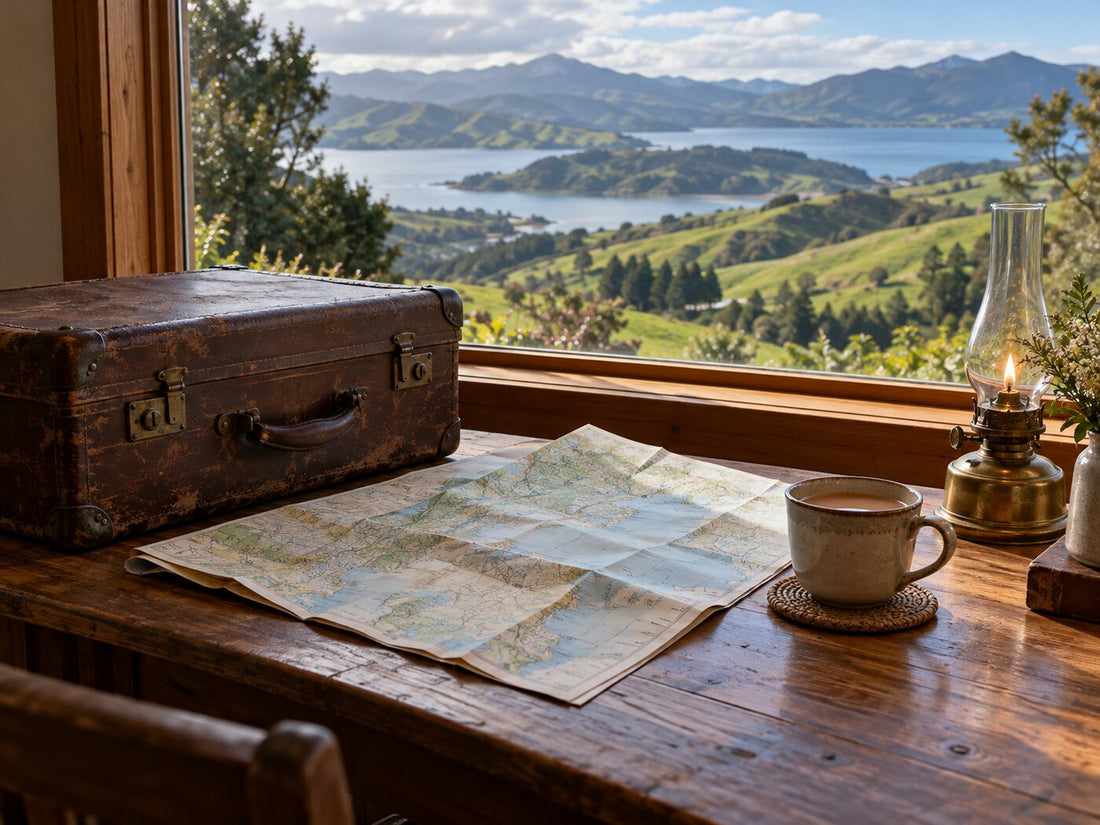 An old suitcase, a folded map and a cup of chai by a window over green New Zealand hills