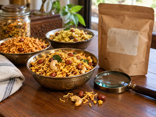 Bowls of namkeen with nuts and a magnifying glass beside a plain snack pouch